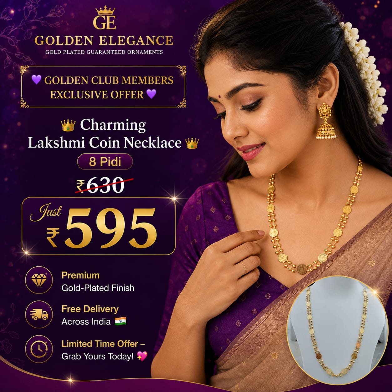 👑 Charming Lakshmi Coin Necklace – 8 Pidi 👑